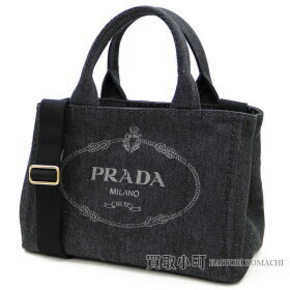 Prada Denim Tote Bag Black Silkscreen Triangle Logo Handbag Canapa